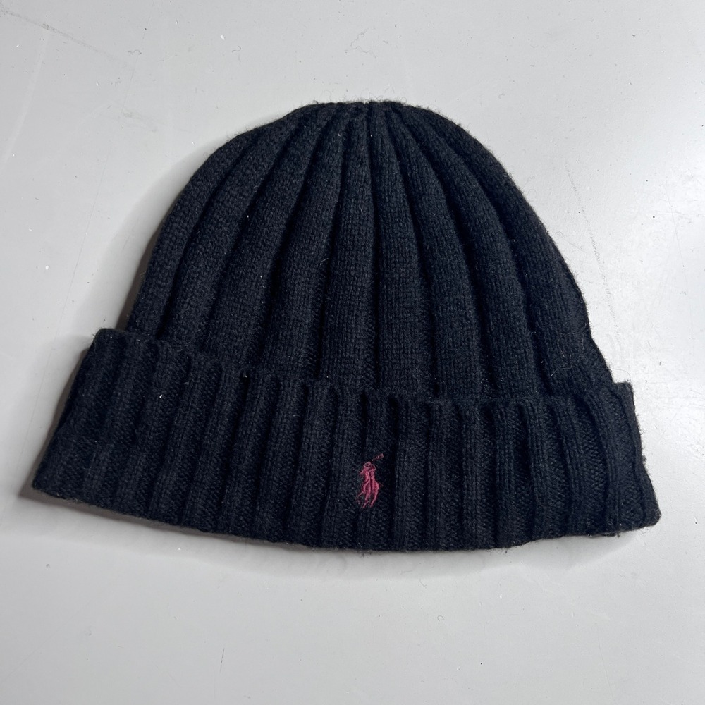 Polo Ralph Lauren Ribbed Beanie Black Pink Pony Logo Knit Hat Mens Womens‎
